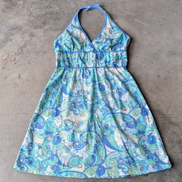 Vintage New York & Company Blue Paisleypais Swirl Halter Neck Mini Dress size 14 - Picture 2 of 8